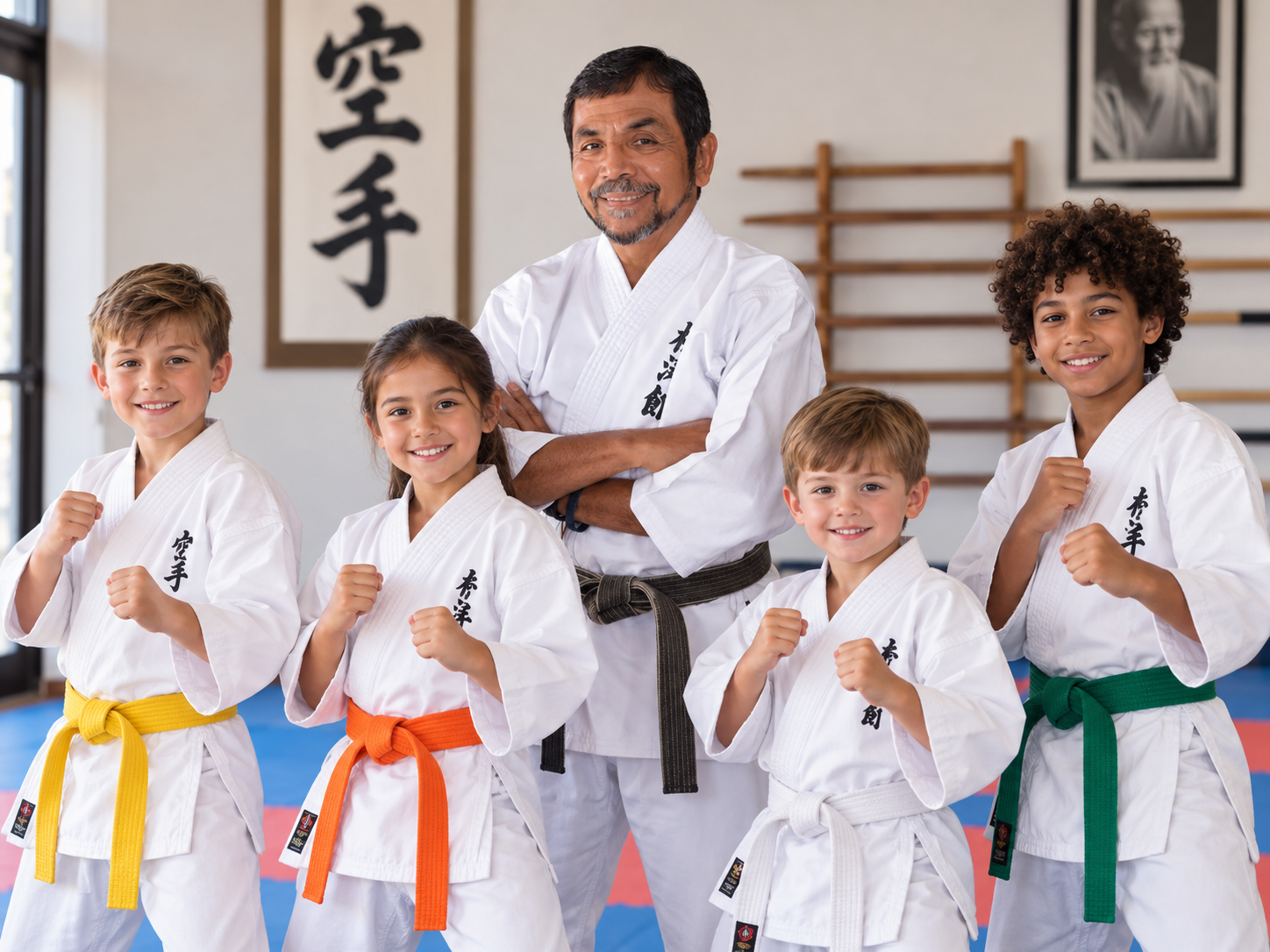 Sensei Guerrero with four students posing in class stances
